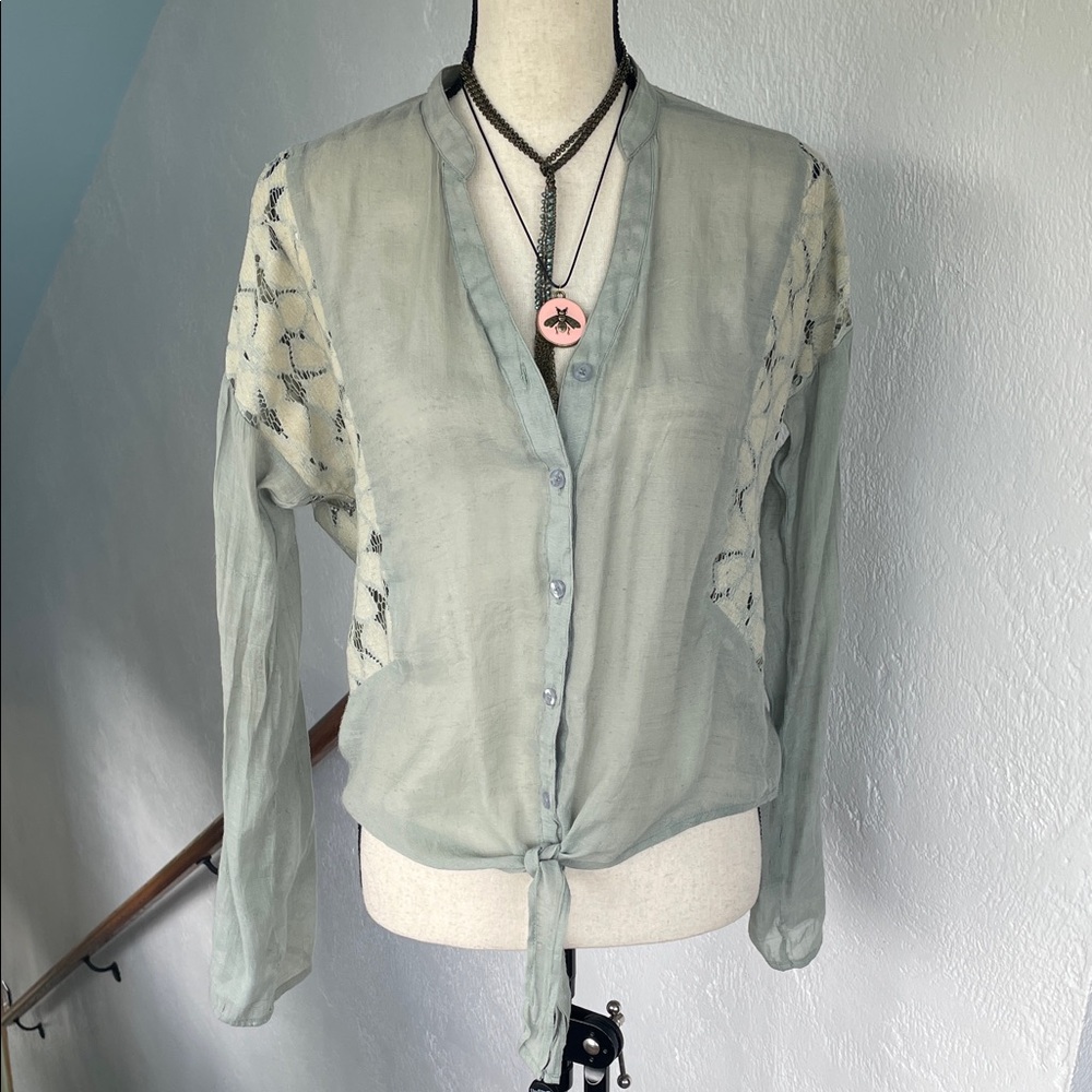 Anthropologie Mine Turquoise wash Lace‎ embroidered Bohemian Blouse Medium